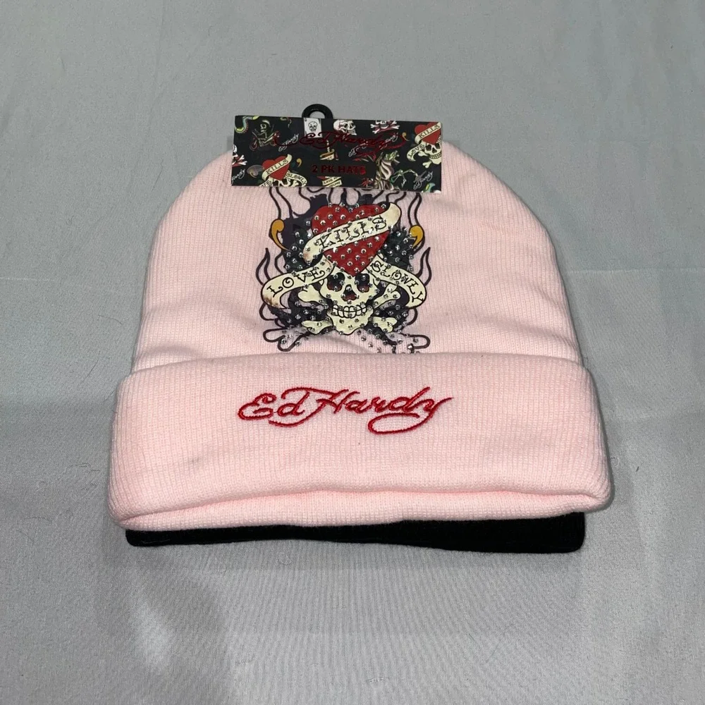Ed Hardy 2 Pack Beanies Pink Love Kills Slowly Black Tiger Rhinestone Y2K Hat